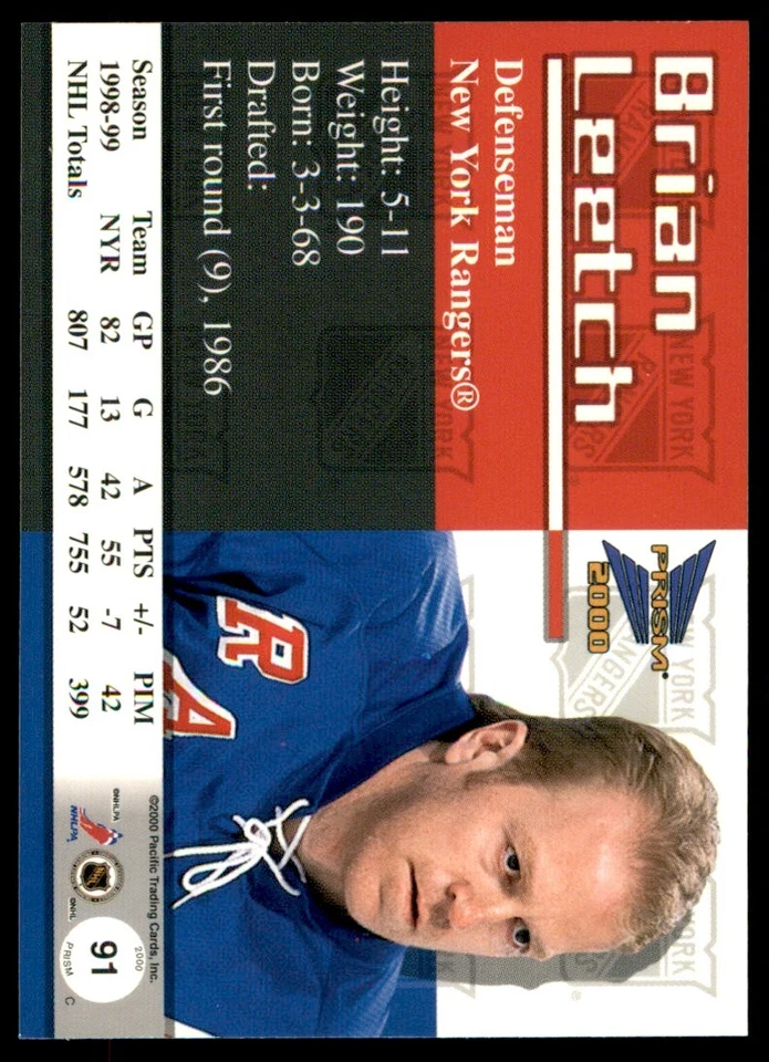 1999-00 Pacific Prism Brian Leetch #91 - Image 2 of 2
