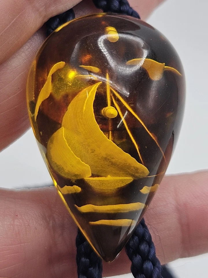 Vintage Amber Lucite Reverse Carved Sail Boat Rope Bolo Tie - Image 3 of 4