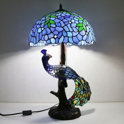 Peacock Base Blue Green Leaf Tiffany Table Lamp Stained Glass 16 inch  Lighting