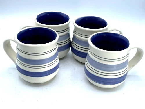 Pfaltzgraff Rio Mugs Blue Cream Stripe Coffee Tea Cups Stoneware  Set of 4