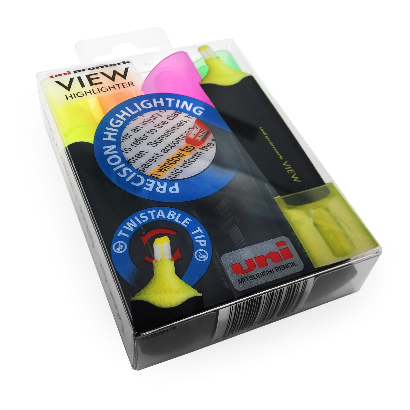 Uni-Ball USP-200 Promark View Highlighter Pen 5mm Chisel Tip Wallet of 4