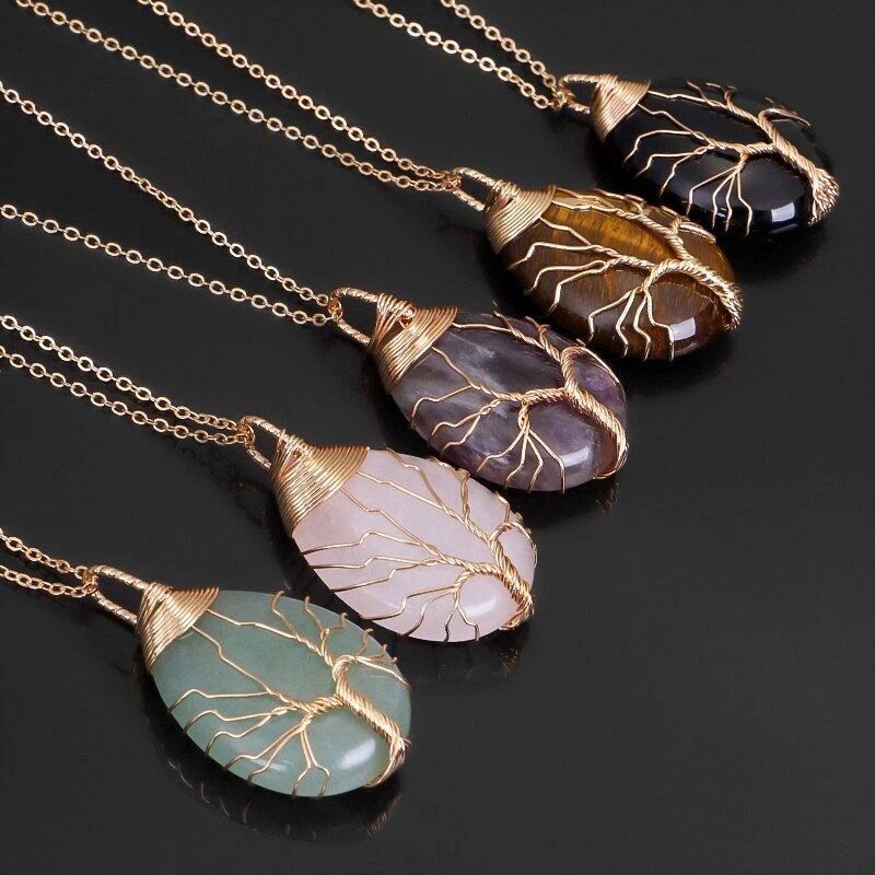 Men Quartz Opal Necklace Wire Wrap Water Drop Pendant Women Chain