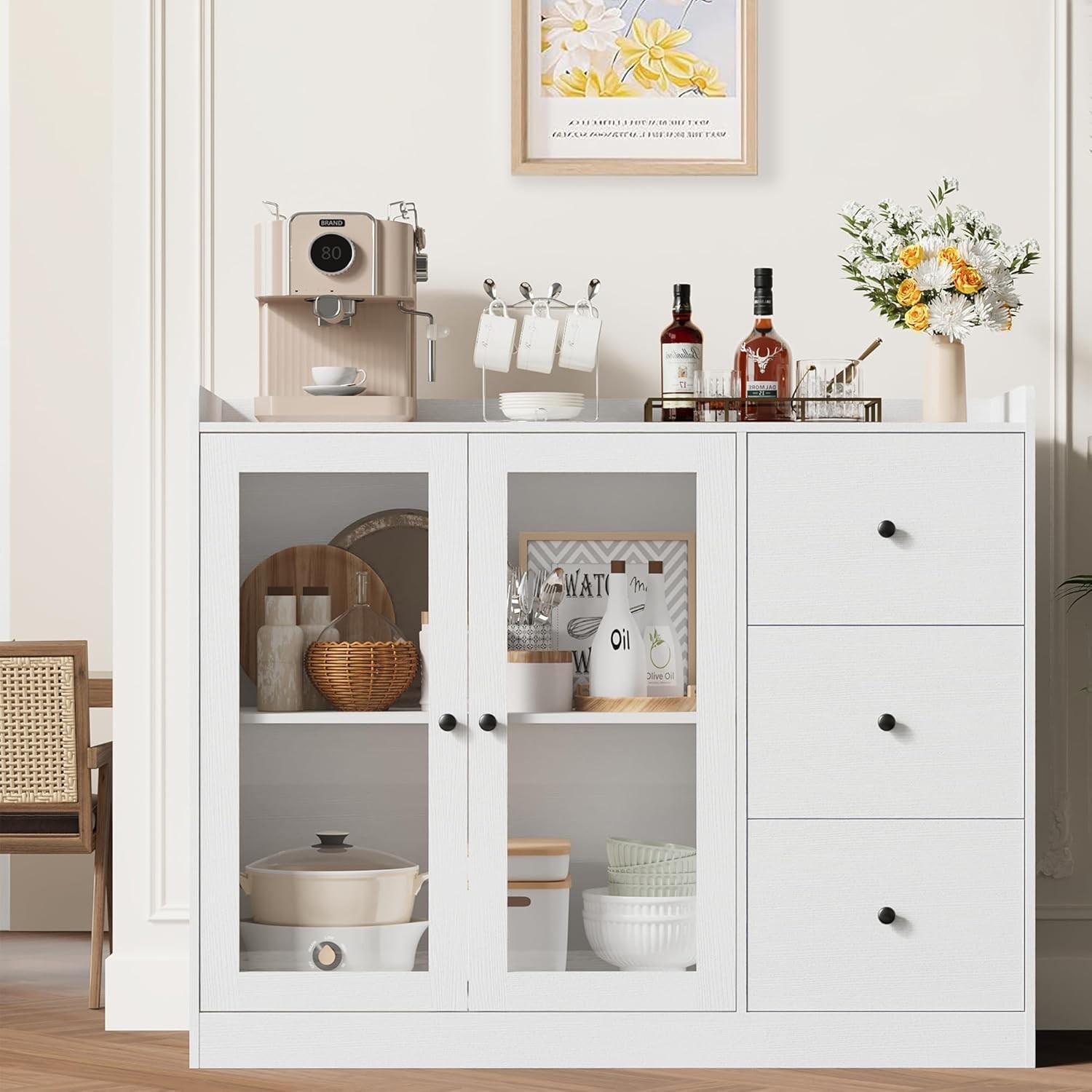 35" Multifunction Coffee Bar Cabinet W/ 3 Drawers, Freestand