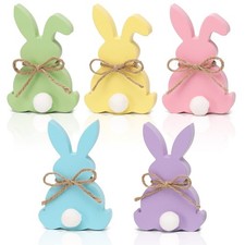 Easter Decorations, 5pcs Wooden Easter Bunny Table Sign with Jute Rope, Easte...