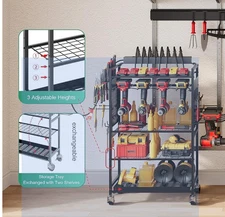 Power Tool Organizer Cart with Charging Station, Garage Floor Rolling Storage La