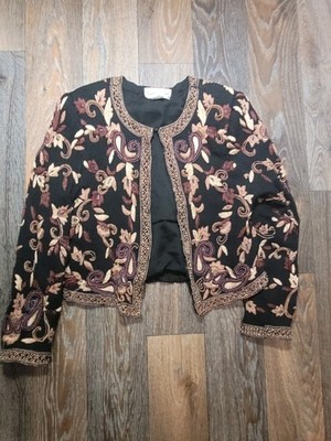 Vintage Laurence Kazar Silk Beaded Jacket Womens Large Black Brown Floral 
