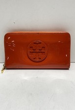 Tory Burch Orange Patent Leather Reva Continental Zip Around Wallet Large Logo