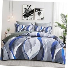 Classic Line Pattern Bedding Quilt Size Modern Grey Blue Queen Blue and Grey