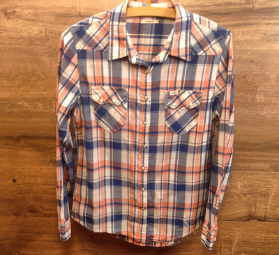 Lee Western Plaid Pearl Snap Cotton Button Shirt Womens Medium Pink Blue