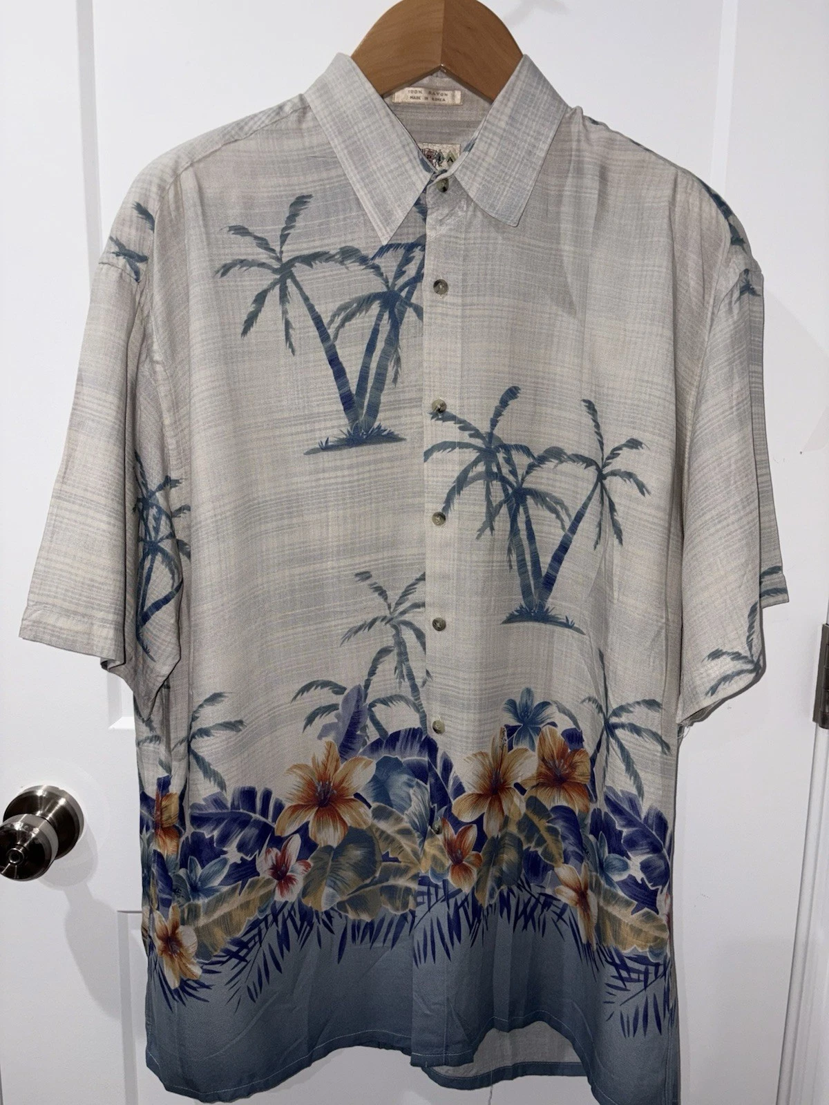 VTG Camryn Co Hawaiian Shirt XL Rayon Palm Tree Floral Border Print