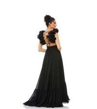 Mac Duggal Tiered Ruffled V-Neck Long Gown Size 6 Black Sleeveless Zipper New