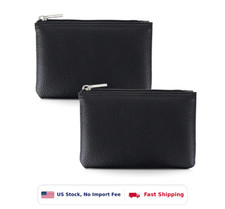 2 Pack Black Leather Coin Purse with Zipper, Small Change Wallet for Men Women