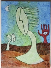 e9Art ACEO ghostly woman watched by hand outsider art brut naive