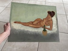 Mid Century Oil Painting Nude Woman Pin Up 1950s Naive Vintage Portrait Of Lady