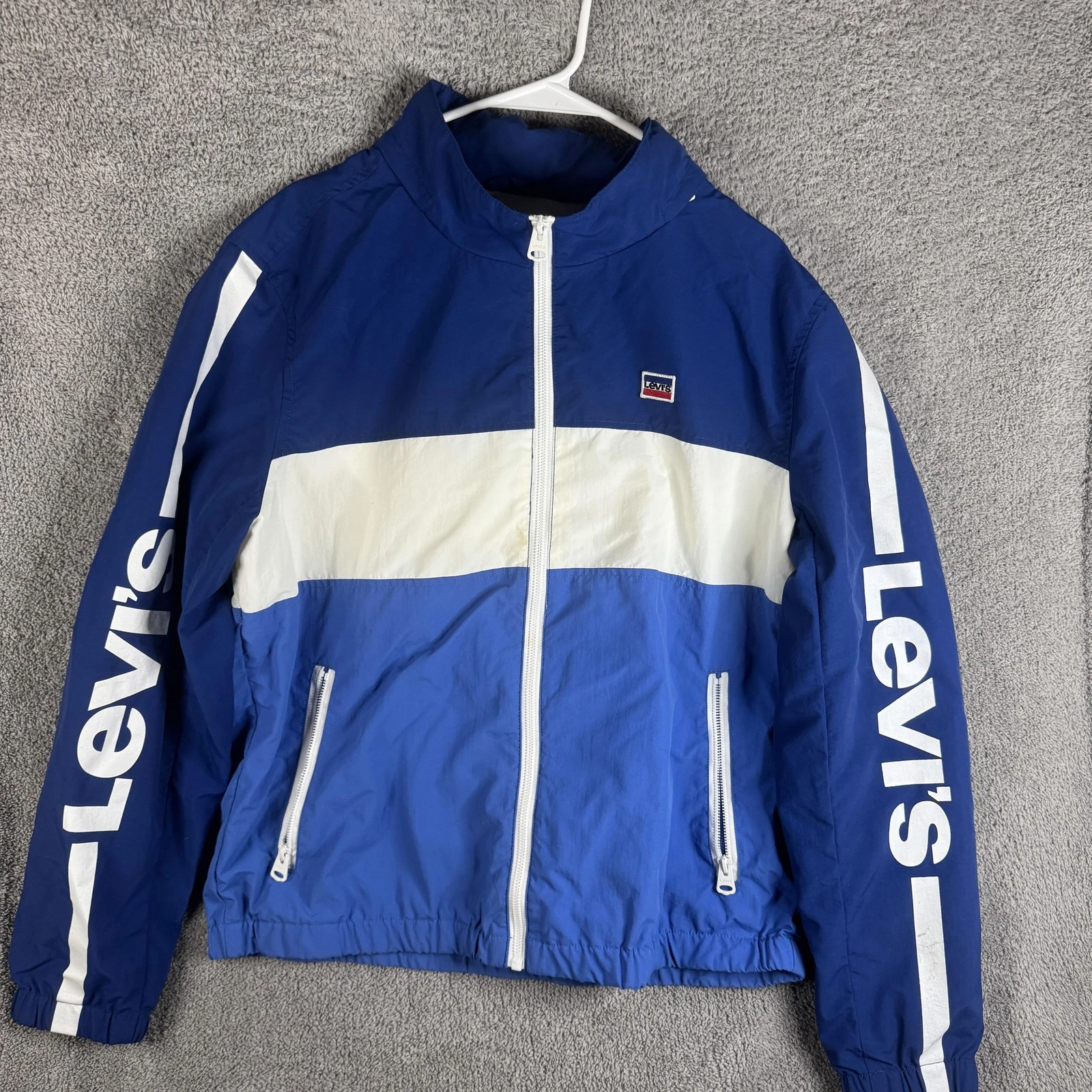 Levi's Jacket Mens Large Blue Hooded Windbreaker Zip Logo Sleeves Mesh Lined