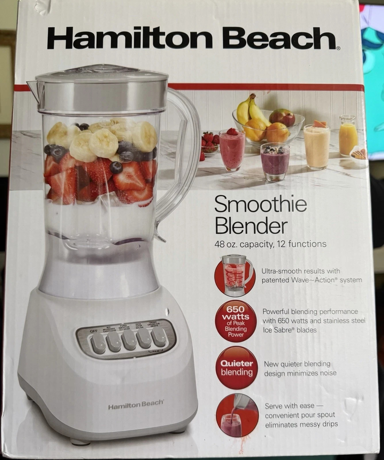 NEW HAMILTON BEACH SMOOTHIE BLENDER-48 OZ-650W-12 FUNCTIONS-