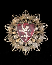 Vintage Red Enamel Heraldic Rampant Lion Crest Gothic Rose Scottish Brooch