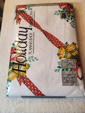 Vtg NOS Flannelback Vinyl Tablecloth 52 x 70 Oblong Holiday Bells  Ribbon