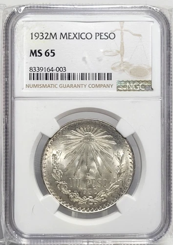 1932 Mexico 1 Peso Silver Coin - NGC MS65