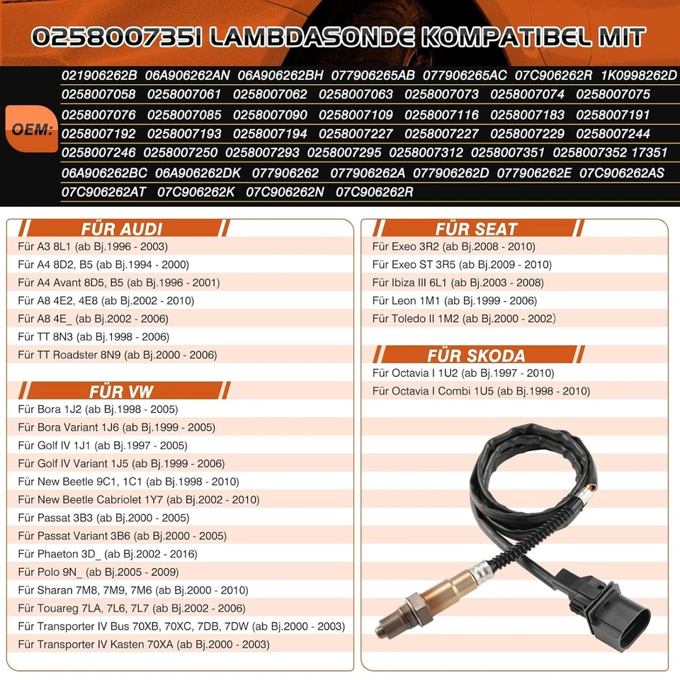 Sonda lambda di ricambio per VW Passat Polo Touareg Transporter IV 0258007351 cat - Immagine 4 di 4