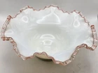 Vintage Fenton Rose Crest Milk Glass Bowl With Pink Ruffled Crimped Edges