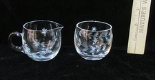 Glass Creamer & Sugar Bowl Dish Clear Frosted Star & Leaf Vine Hand Blown 