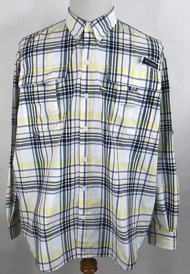 Columbia Mens Button Shirt Vented Blue Yellow Plaid PFG Fishing Super Bahama - Image 1 of 4