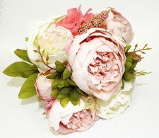 Cream Blush Color 8 Head Silk Rose Peony Open Bush Artificial Bouquet Wedding