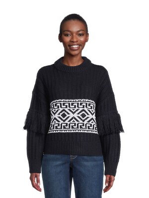 RD Style Women's Fringe Sleeve Crewneck Sweater Size Large Black