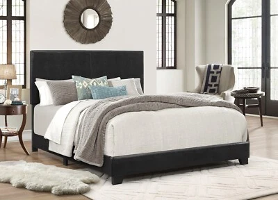 Full Size Bed Frame Platform With Headboard Erin Black Faux leather Upholstered