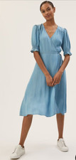 M&S NEW UK 8 10 BLUE DENIM LYOCELL SUMMER WOMENS PUFF SLEEVE WRAP MIDI DRESS