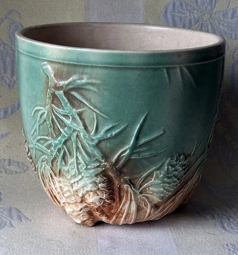 Vintage McCoy Pottery Jardiniere Rustic Pine Cone Brown/Aqua Green 1940’s 7.25 W