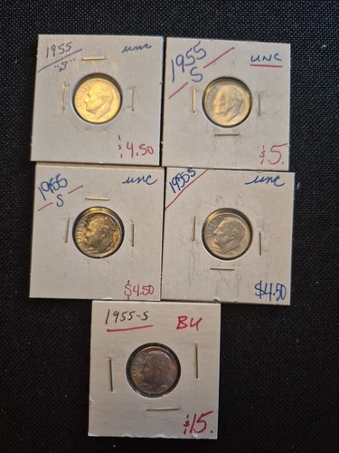5 BU/UNC 1955 S SILVER Roosevelt Dimes.  Beautiful Coin Set!
