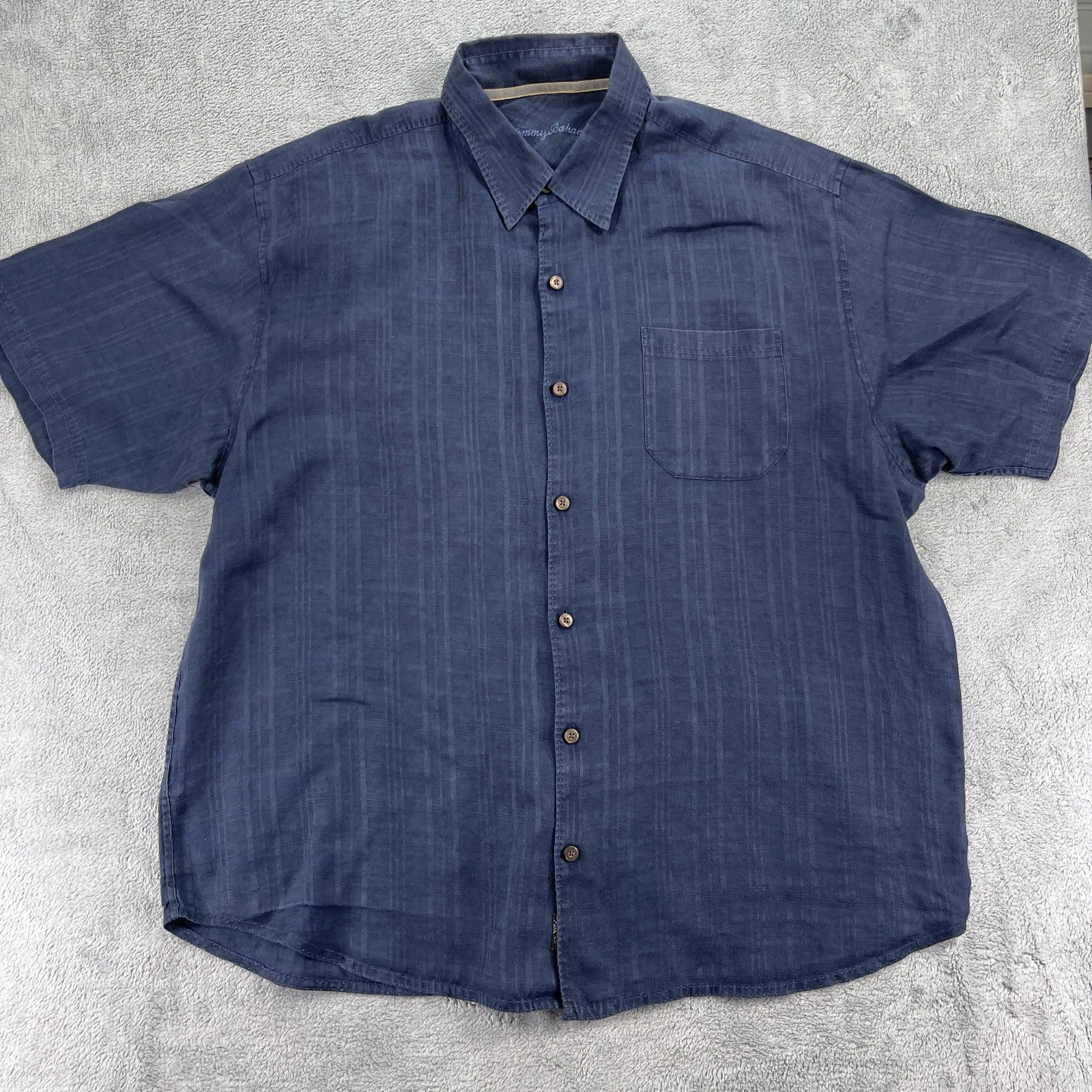 Tommy Bahama Shirt Mens XL Navy Blue Striped Linen Pleated Button Up Casual