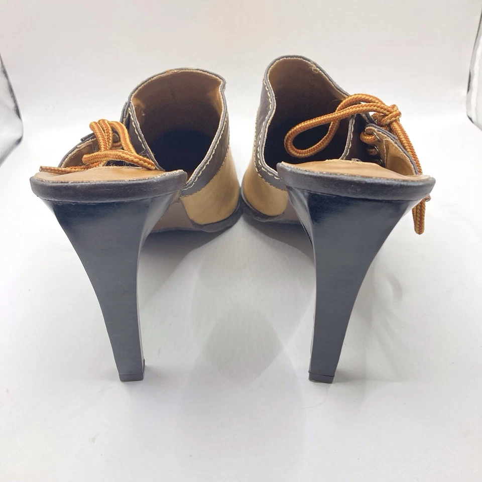 Vintage Lace Up Two Tone Mule 4” Heels 10M Vegan Leather Tan Dark Brown Western - Image 4 of 4
