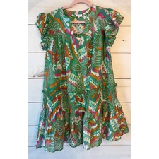 Voy Green Abstract Print Tiered Mini Dress Flutter Sleeve Smocked Style 35209 S