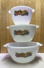 Set Of 3 Vtg. Anchor Hocking Fire-King "Nature's Bounty" milk glass mixing bowls