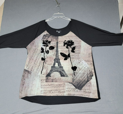 LANE BRYANT~Eiffel Tower France French V-Neck Black T Shirt Women's 22-24 Light