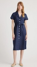 Quince 100% European Linen Button Front Dress Small Deep Navy