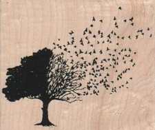 Leaves Blowing From Tree 4 1/4 x 3 1/2" Rubber Stamp, Tree Stamp, Woods Stamp