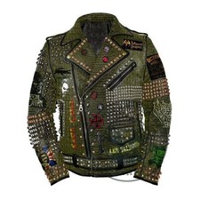 Handmade Men's Green Crocodile Print Leather Studded Jacket, Queen Patch Fashion