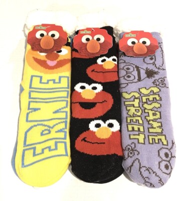 Set of 3 - Sesame Street Sherpa Lined Nonslip Grippers Socks Elmo Bert Ernie NEW