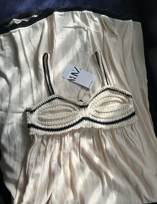 Zara Ecru Crochet Knit Cheesecloth Midi Beach Dress Size M Bloggers Fave Holiday