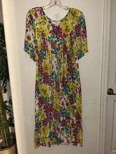 GO SOFTLY Patio Dress Yellow Multi Floral Print Pullover Crinkle MUMU Dress M