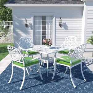 5PC Ensemble salle à manger extérieur en aluminium moulé W/ carré chaise de table blanc