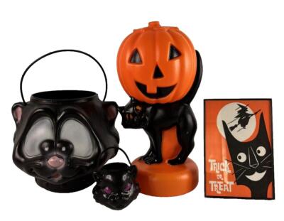 Halloween Black Cat Collection Large & Small Cat Treat Pail Blow Mold Cat Bag