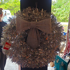 Silver Artificial Tinsel Christmas Wreath w/ Bow, 18 in Door Decoration