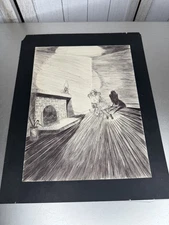 Vintage Artwork Granny Rocking Chair Shadows Pen&Ink Drawing Signed 11.5 X 8.5in