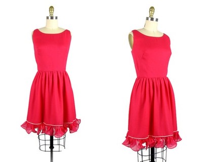 Vintage 1960s Pink Chiffon Dress 60s Hot Pink Dress with Ruffles Hem | Size M