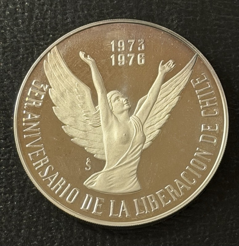 Chile ND (1976) So 10 Pesos Proof Silver Coin: 3rd Anniversary of military junta